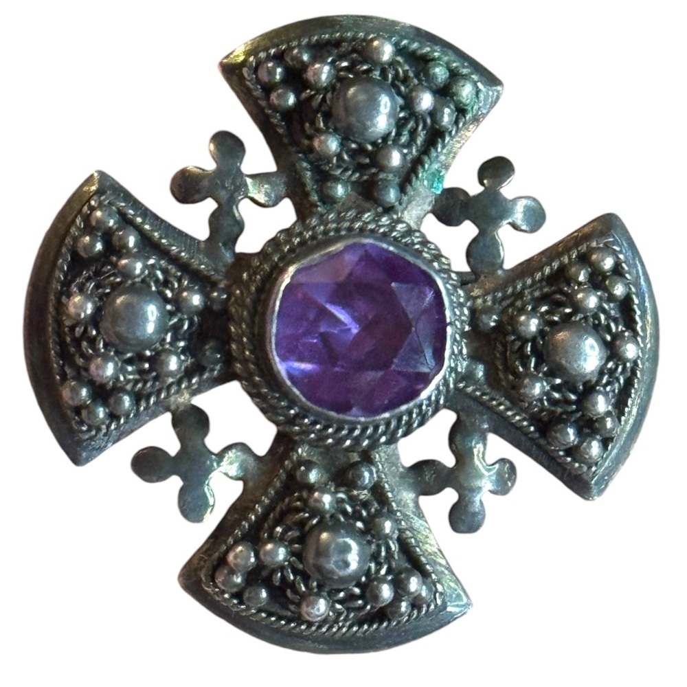 Antique Jerusalem 925 Sterling ornate Amethyst Cross Crusaders RARE Pendant